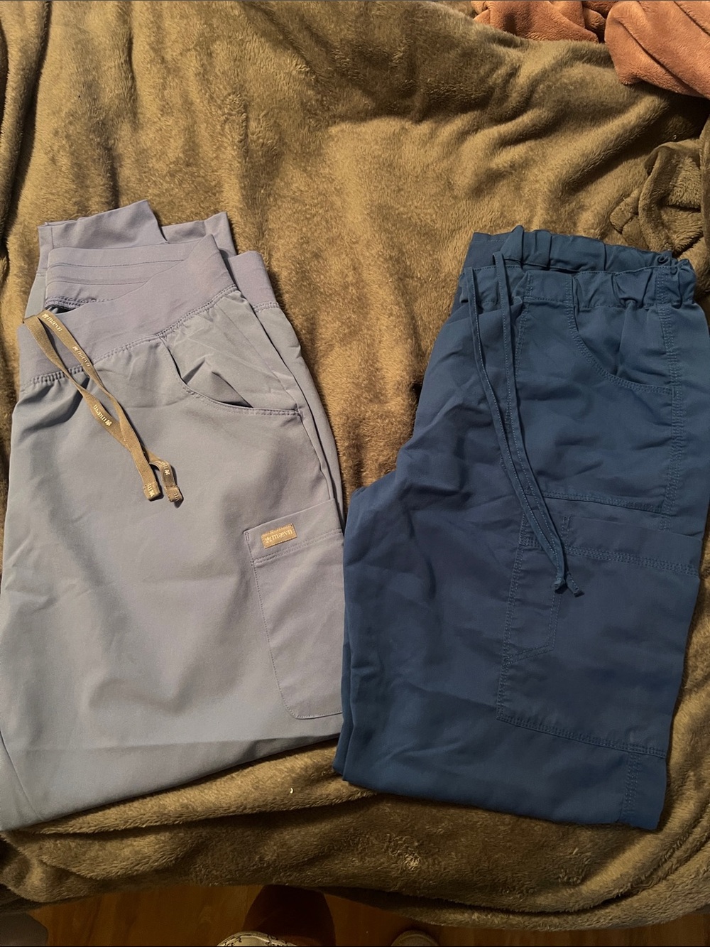 Women’s Drawstring Scrub Pants - Ceil blue and Royal blue.